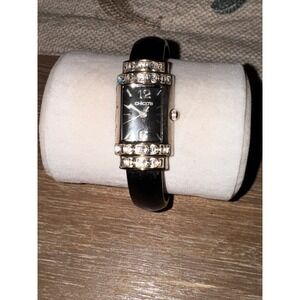 Chicos Womens Black Band Fashion Watch Rhinestone Accent Rectangle Face